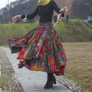 Röcke Frühling Ethno-Stil Trend Blumendruck Lang Baumwolle Leinen Rock Frauen Elastische Taille Herbst Unregelmäßige Maxi Flada Mujer F2663