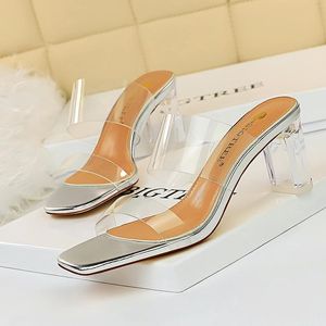 Сандалии прозрачные каблуки мулы высокие каблуки женские тапочки насосы 2023 летние сексуальные толстые туфли сандалы жены