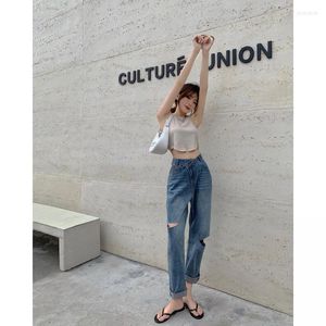 Kadın Pantolon Capris Sıradan yüksek bel yırtılmış gevşek kot sokak kıyafeti düz uzun denim bayan şık düzensiz jeanswomen