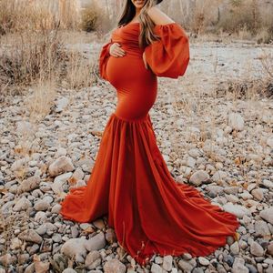 Sukienki macierzyńskie w ciąży damska sukienka po strzelaniu seksownym ramionom szyfonem z długim rękawem w ciąży sukienka po 230404