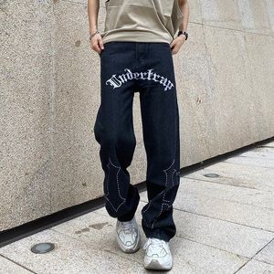 Herren Jeans European und American Street Letter Sticked Jeans Womens Trendy HipHop Style Lose Bein breite Hosen 230404