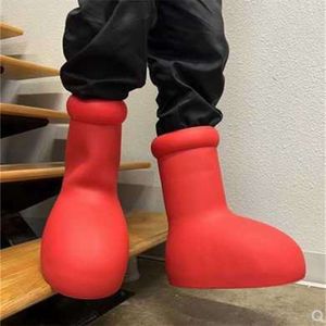 Astro Boy Mschf Kırmızı Botlar Erkek Kadınlar Kauçuk Yağmur Roket Botları 2023 Tasarımcılar Kalın Uzun Alt Alt Slip Slip Bootti Platform Bootie Fashion Astro Boy GW4 COS