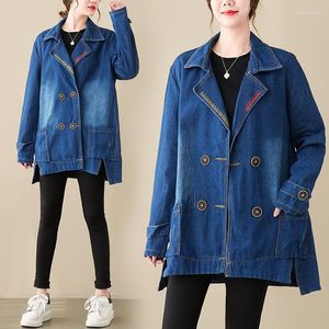 Kvinnors kostymer denimjacka Spring och Autumn Ladies Mid-längd All-Match Korean Vintage Slim Loose Casual Big Size Windbreaker Blazer T494