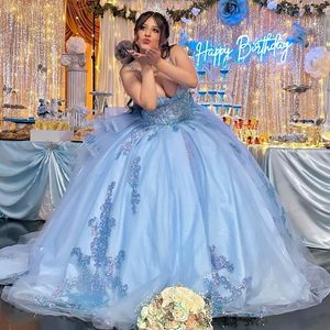 Небесно-голубое бальное платье Quinceanera Dress 2024 Кружевная аппликация с длинным шлейфом XV Платье принцессы De 15 Anos на день рождения Sweet 16 Dress