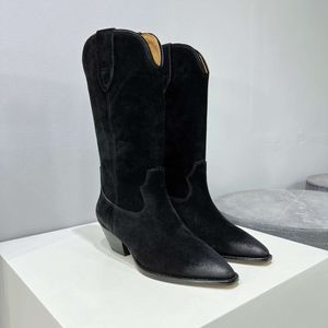 Designer Women Shoes Isabel Duerto Suede Marant Western Boots äkta Leather Western-Style Low Block Heel Duerto Boots Perfect Fashion Real Photos