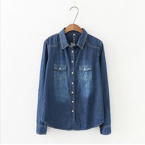 Women's Blouses Shirts Autumn women's lapel button blue long sleeved denim jeans pocket ultra-thin denim top shirt oversized blue top 230404