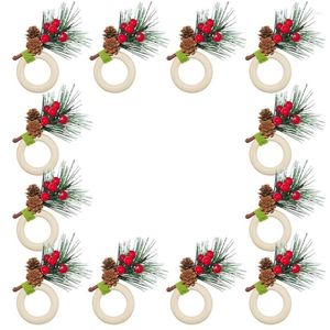 Table Napkin Christmas Pine Cones Rings Set Of 12 Berry And Needles With Snow Xmax Holders For Decorations