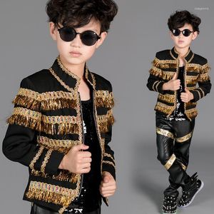 Stage Wear Hip Hop Dance Costumes Kids Black Golden Tassel Coat Pants Boys Jazz Performing Clothes Children Street Dancewear DN2969