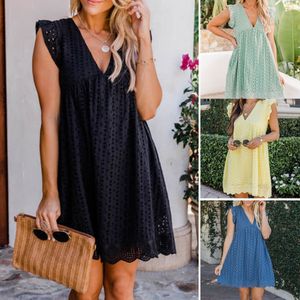 Casual Dresses Summer Vneck Cotton Short Skirt Solid Color Dress California Romper for Pleated Clothes Fashion 230404