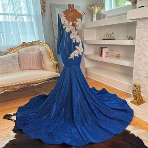 Królewskie Blue Beaded Backless Sukienki balowe syrena Zastosowane suknie wieczorowe z długimi rękawami Sheer Jewel Neck Specjalna okazja Formalne zużycie