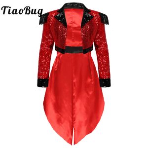 Traje de tema Sparkling LECINAS CIRCUS TUXEDO JAPETA MULHERLA PLEPEADO EPAULETTE HALLOWEEN SET SHOPMAN RINGMASTE RESULHADO 230404