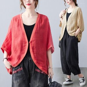 Damen Jacken Sommer Retro Literary Baumwolle und Leinen Jacke Damen Lose V-Ausschnitt Oberteile Dreiviertelärmel Einfarbiges Sonnenschutzhemd