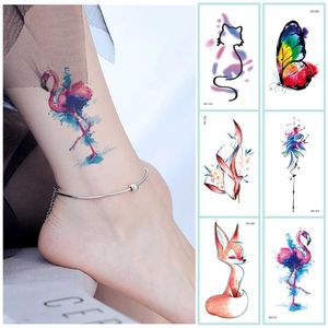 5 PC Tattoos temporários 52 tipos de animais de aquarela Tatuagens falsas gatos temporários flamingo lobo baleia raposa raposa borboleta à prova d'água adesivos