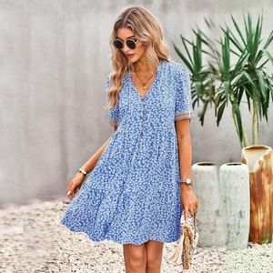 Casual Dresses Women Vintage ruffles Sexig blommig tryck mini aftonklänning sommar elegant kort ärmknapp boho strand formell prom party