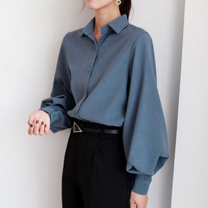 Women's Blouses Shirts Women's shirt retro lapel spring autumn lantern sleeves women's shirt white top long sleeved black women's tuning 230404