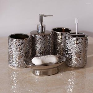 Bath Accessory Set Silver Ceramics Five Piece Gifts Soap Bottle Gargle Cup Dish Toothbrush Holder Washing Tools Bathroom Toiletry