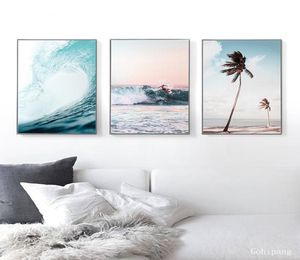 Nordic Krajobraz Surf Poster Wall Art Aeroal Beach Ocean Wave Druki Palm Tree Palan Malowanie obrazu na ścianę do salonu 3918773