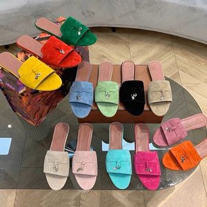 Kutu ile Loro Piana Terlik Kadınlar İçin Açık Toe Günlük Klasik Sandalet Loafer'lar Ayakkabı Bayan Düz Slaytlar Terlik Tasarımcı Lüks Yüksek Elastik Sığır Eğilim X1g3 #
