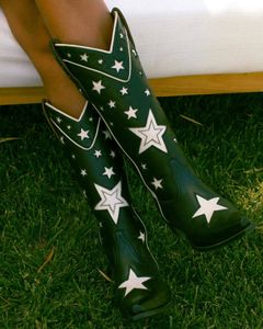Stiefel Damen Westernstiefel bestickt Mode Chunky Heel Schuhe Frau Star Design Slip On Cowboy Cowgirl Stiefel Schwarz Marke 230404