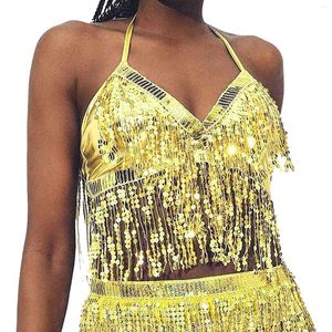 Women's Tanks Sequin Camis Golden Tassel Crop Top Women's Clothing Halter Strap Tank Belly Dance Club Party Boho Festival Shinny Shirt