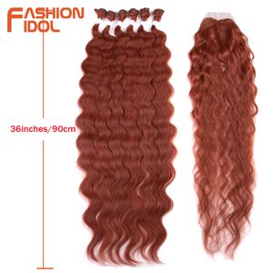 Hair Bulks FASHION IDOL Body Wave Hair Bundles With Closure Synthetic Hair Weft 36 inches 7pcsPack 320g Ombre Blonde Hair Weaving Bundles 230403