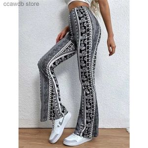 Damen -Leggings Vintage gedruckte ausgestellte Hosen Frauen dehnbare ausgestellte Hosen hohe Taille Freizeithose Sexy Mode dünne Weitbein Flare Hosen T231104