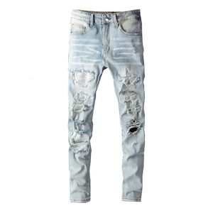 Mens Jeans Light Indigo Ripped Streetwear Fashion Skinny Damaged Holes With Rhinestone Slim Fit Stretch Distessed Destressed 230404