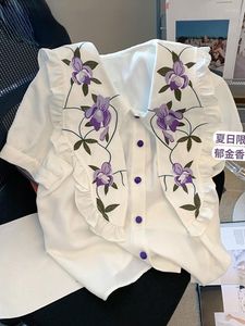 Polos kobiet koszule francuskie haft kwiatowy bluzki białe krótkie rękawowe marszczone słodkie topy słodkie swobodne letnie camisa bordada