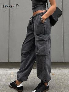 Women's Pants Weekeep Big Pockets Sweatpants Elastic Low Rise Baggy Grey Cargo Grunge 2000s Casual Trouser For Women Harajuku Capris Y2k