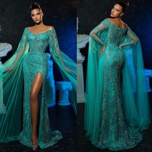 Elegant Lake Blue Mermaid Evening Dress Off The Shoulder High Split Floor Length Formal Evening Party Gowns Custom Made