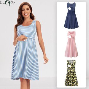 Maternity Dresses Nursing Striped Baby Shower Breastfeeding Pregnancy Elegant Sleeveless Premama Pregnant Vestido Robe Femme 230404