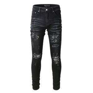 Mens Jeans Black High Street Fashion Skinny Destroyed Tie Dye Bandana Embroidered Patches Slim Fit Scratched Ripped For Men 230404