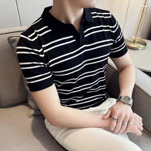 Herrpolos sommarklassiker randig stickad polo skjorta för män kort ärm Slim casual business t-shirts kläder lapel streetwear tee tops