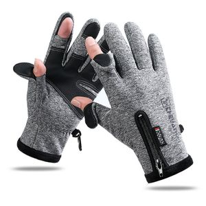 Sporthandskar 1Pair Outdoor Winter Fishing Gloves Exponed Two-Finger Pekskärm Non-Slip Waterproof Wrist Elastic Warm Fiskehandskar 230403