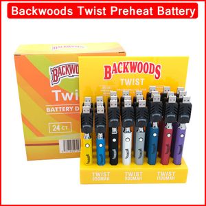 Novo backwoods hexágono torção pré-aquecer vv bateria 650/900/1100mah kits de caneta vape ajustável com carregador de cabo usb 24 pçs/set