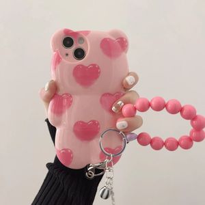 Phone Case Korean Cute 3D Pink Love Bear Doll Toy Silicone iPhone 15Pro Max 11 12 14 Xs Xr Wristband Cartoon Cover 231104