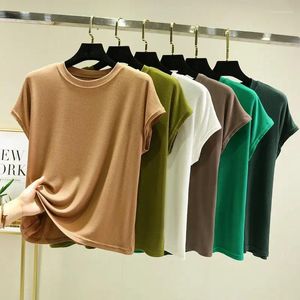 女性用スリープウェアモーダル半袖スレッドフェイシャルエラスティックTシャツ女性サマーラウンドネック2023 ESTルーズボトムシャツトップ