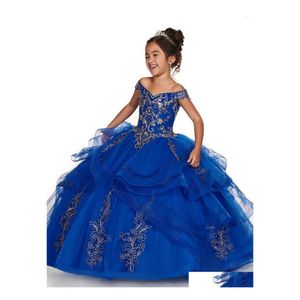 Girl'S Dresses Girl Pageant Royal Blue Party For Ball Gown Sexy Off The Shoder Bodice Appliques Lace Formal Prom Flower Girls Dress Dh67V