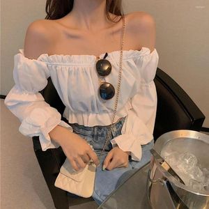 Blouses feminina Blusa elegante da Blusa do ombro de manga longa Club White Braff Buff Ruffle Crop Crop Trendy Slim Summer Tube Tube