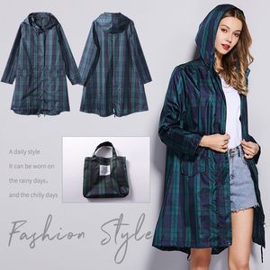 Raincoats Women's fast green checkered long raincoat waterproof raincoat windproof for hiking 230404