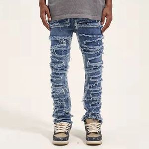 Mens Jeans Ripped Distressed for Men Straight Vintage Brushed Ruched Damage Holes Towel Hip Hop Streetwear Kpop Korean Denim Pants 230404