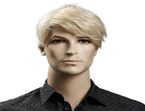 Kurze blonde männliche synthetische Perücken, amerikanische europäische 6-Zoll-gerade Männerperücke mit Haarkappe, hitzebeständig8248320