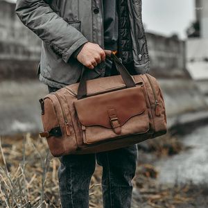 Duffel çantalar moda erkekler büyük kapasiteli tuval çok işlevli deri taşıma bagaj çantası tote fayda seyahat hafta sonu