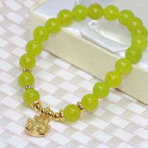 Strang 3style Damen Armband Olivgrün Naturstein Chalcedon Jade 8mm Runde Perlen Goldfarbener Anhänger Schmuck 7,5 Zoll B1937