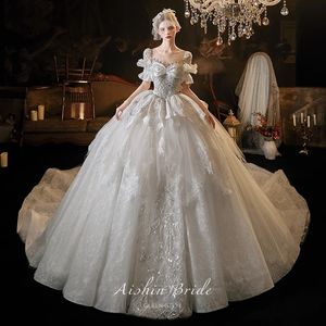2023 Modest Lace Wedding Dresses dubai arabic sexy Tulle Lace Applique Court Train ball gown Wedding Bridal Gowns With Buttons luxury princess Vintage robe de mariee