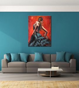 Dipinti ad olio di figura moderna Ballerina di flamenco spagnolo in abito blu Donna fatta a mano su tela per camera da letto di alta qualità6014702