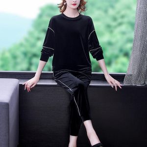 Women's Two Piece Pants Leisure Gold Velvet Suit Spring 2023 Women's Black Round Neck All-Match Top Trousers Trend Set Tracksuit H135