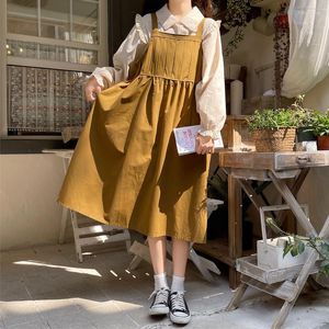 Casual Dresses Women Loose Long Dress College Style Solid Suspender Sweet Lady Pockets Sleeve Doll Collar Inner Shirt 2 Pieces Set Set