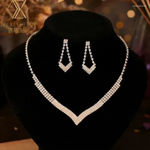 Ketten Glänzender Strass Kristall Brautschmuck Für Frauen V Form Halsband Halskette Ohrringe Sets Mode Hochzeit Großhandel