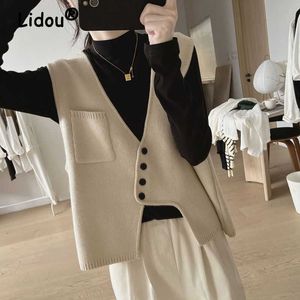 Women's Tanks Camis Asymmetrical Chic Y2K Streetwear Sleeveless Buttons Knitted Cardigan Jackets Women Spring Autumn Loose V-neck Sweater Vests Tops P230322